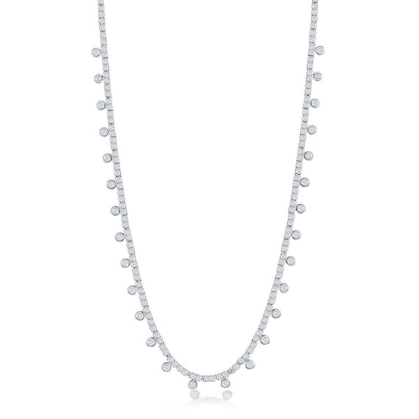 Sterling Silver 2mm CZ Tennis w/Hanging CZ's Necklace