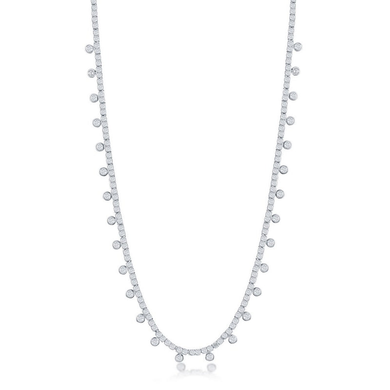 Sterling Silver 2mm CZ Tennis w/Hanging CZ's Necklace