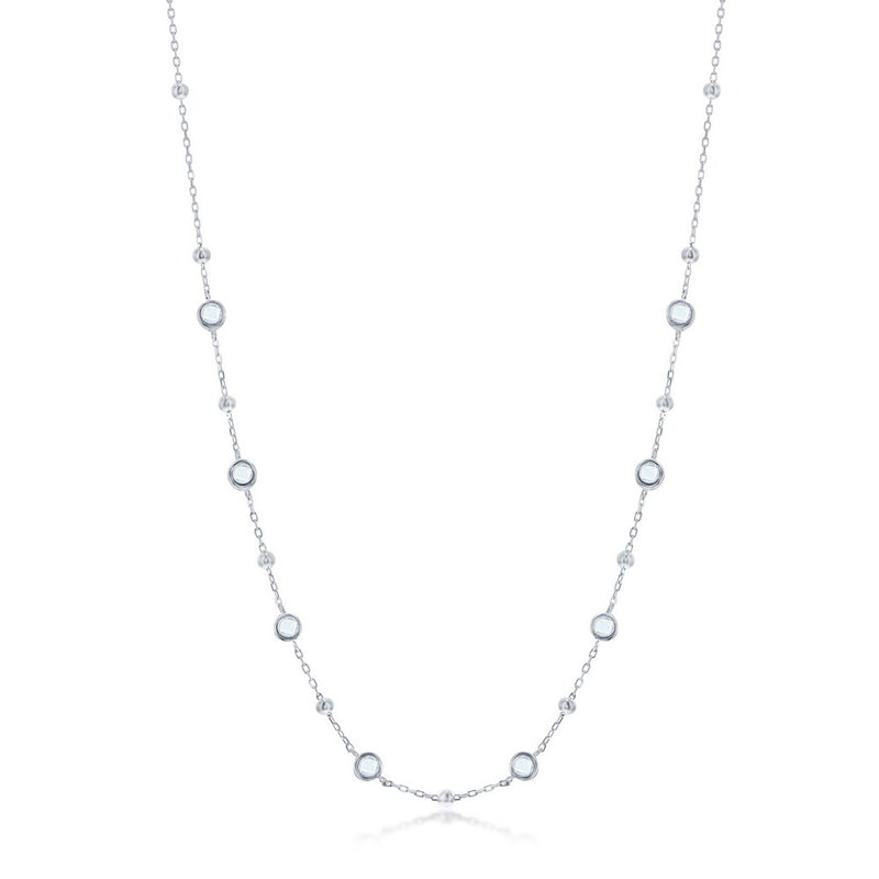 Sterling Silver Bezel-Set CZ & Bead Station Necklace - White