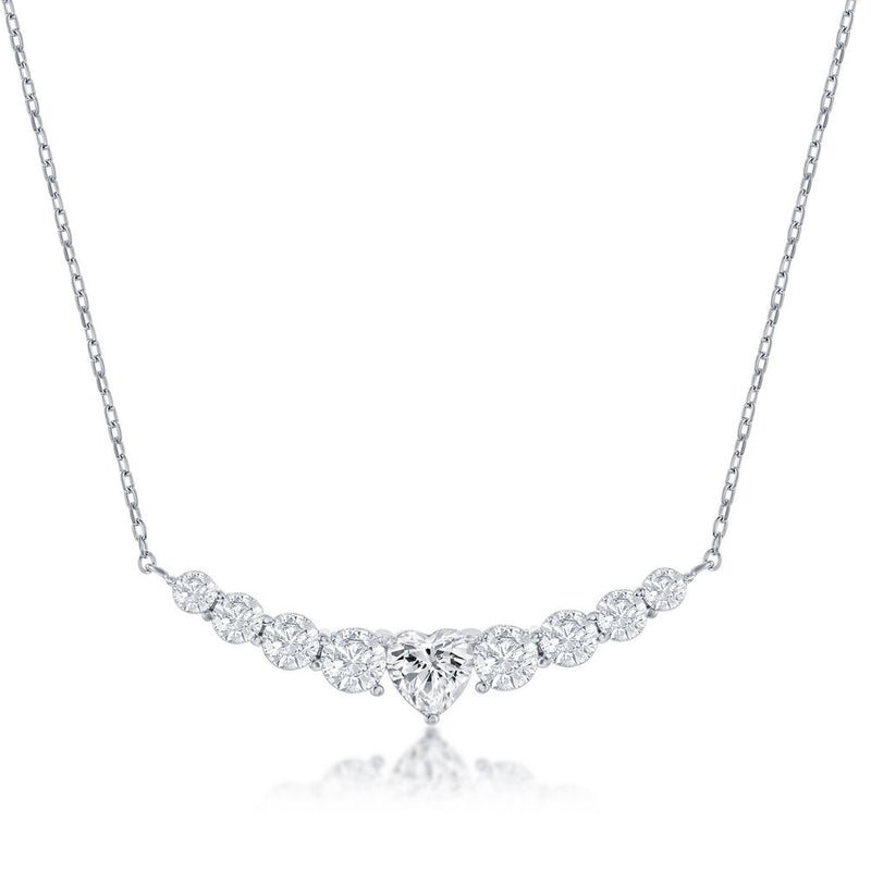 Sterling Silver Graduating Round CZ with Center Heart Curved Bar Necklace