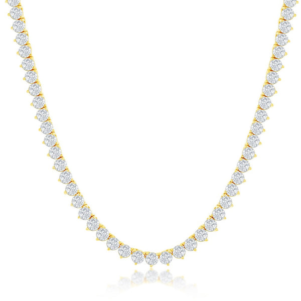 17" Sterling Silver 3-Prong Round 5MM CZ Tennis Necklace - Gold Plated