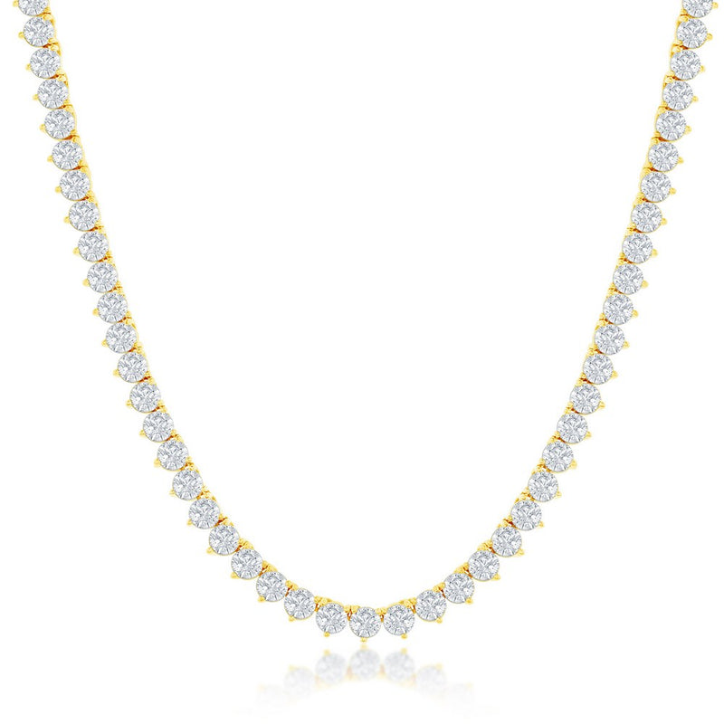 17" Sterling Silver 3-Prong Round 5MM CZ Tennis Necklace - Gold Plated