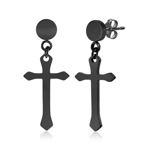 Long Cross Black Plated Earrings