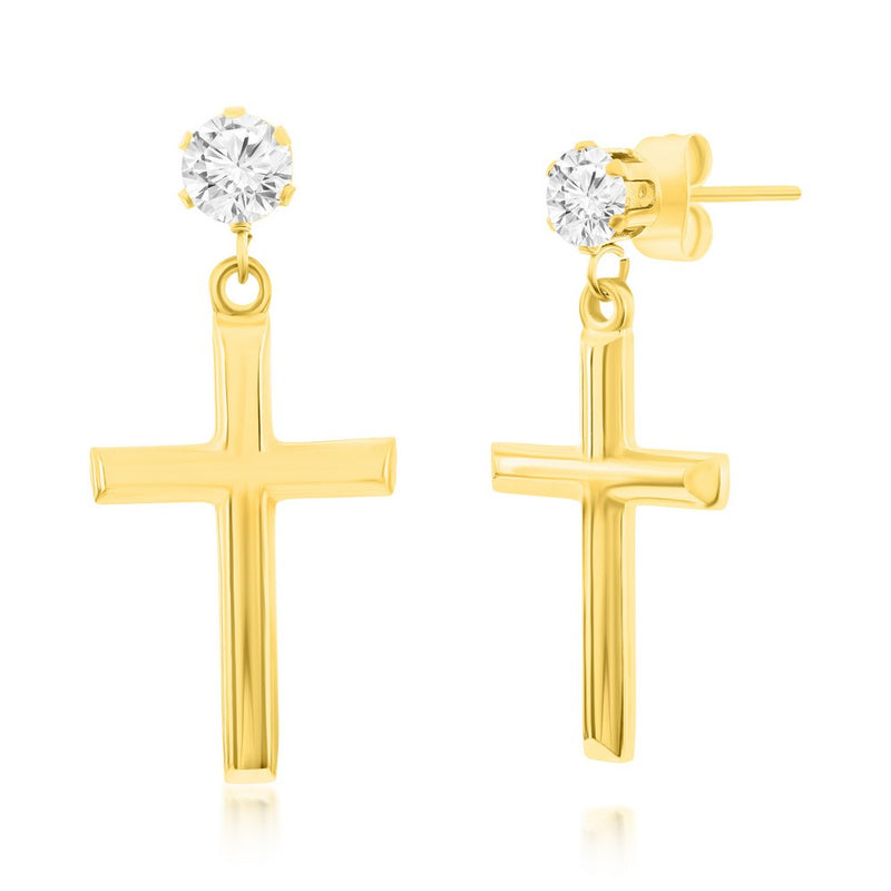 Gold Plated Polished CZ Cross Earrings