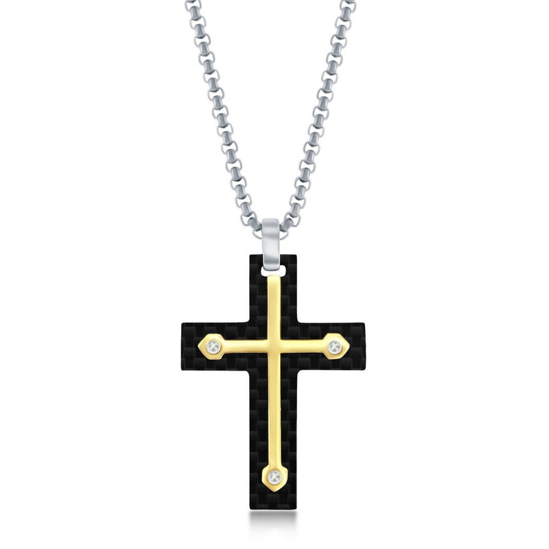 Black Carbon Fiber & Gold Cross Necklace