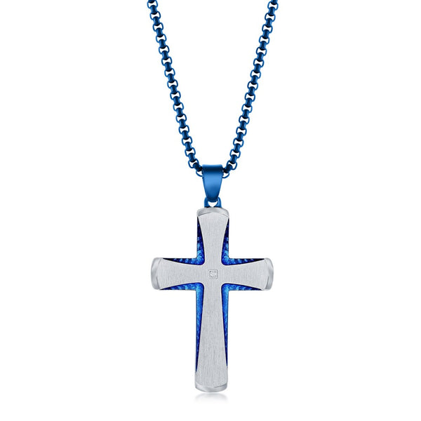 Blue & Silver Plated CZ Cross Necklace