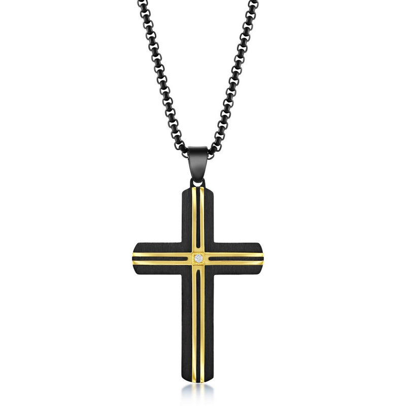 Black & Gold Lined Single CZ Cross Necklace