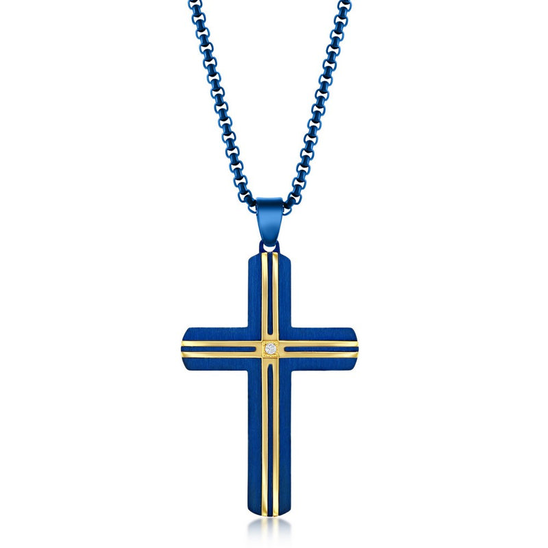 Stainless Steel Blue  & Gold Plated Cross