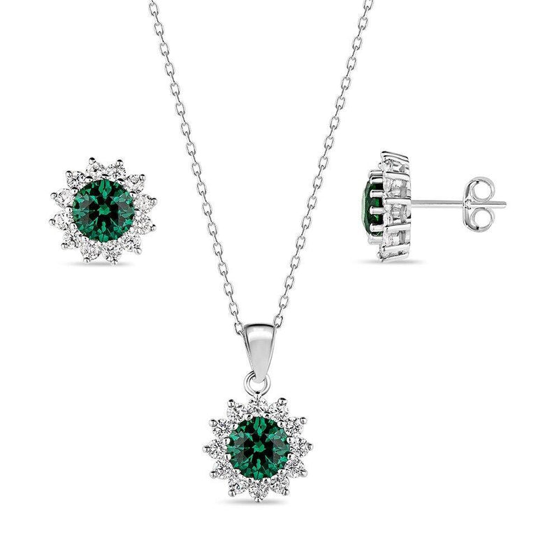 Sterling Silver May Birthstone Emerald CZ Halo Pendant and Earrings