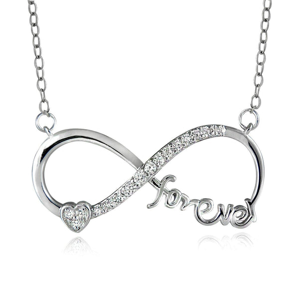 Sterling Silver Half CZ w- Small Heart “Forever” Infinity Necklace