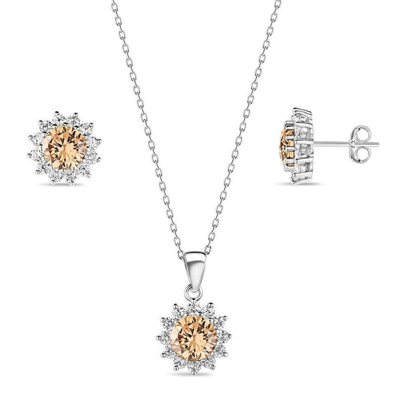 Sterling Silver, Citrine, CZ, Halo Pendant Necklace and Earrings