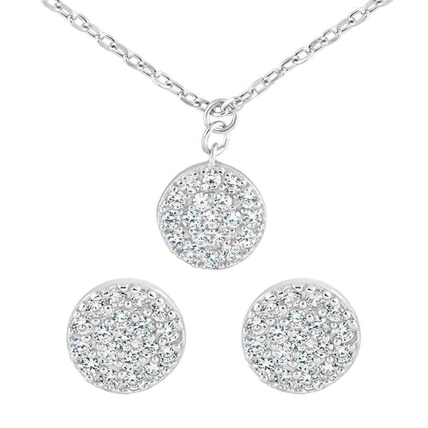 Sterling Silver Small CZ Disc Necklace and Earrings