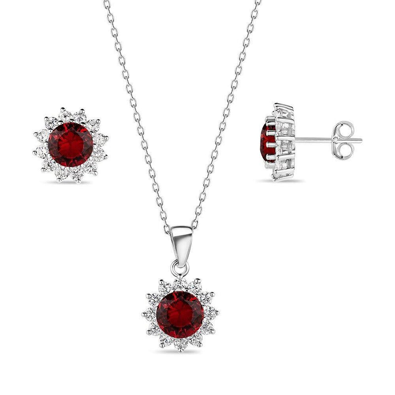 Sterling Silver January Garnet Birthstones w- Halo Pendant and Earrings