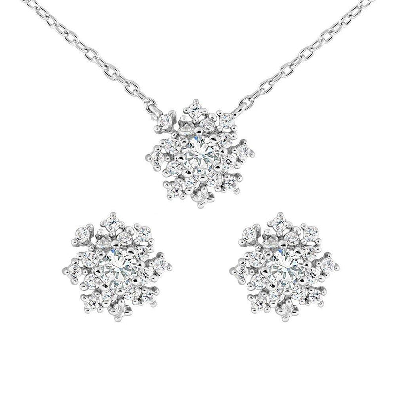 Sterling Silver CZ Flower Necklace and Earrings 16+2”