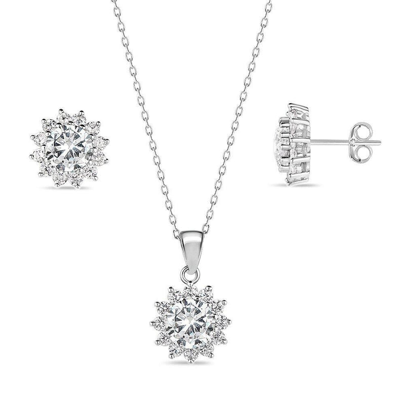 Sterling Silver April Birthstone White CZ Halo Pendant 18” Earrings and Chain