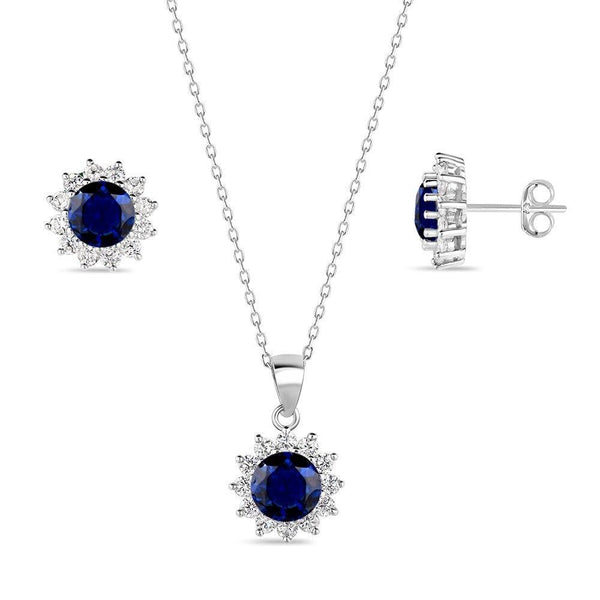 Sterling Silver, September Sapphire, CZ, Halo Pendant Necklace and Earrings