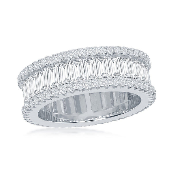 Sterling Silver Baguette CZ and Pave Border Ring