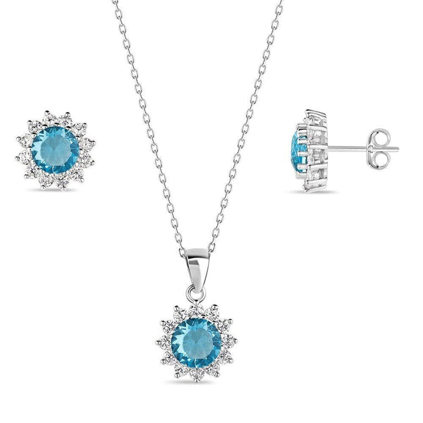 Sterling Silver, December Blue Topaz CZ Halo Pendant Necklace and Earrings