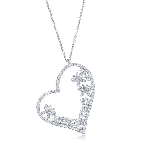 Sterling Silver CZ Heart w- Butterfly Necklace