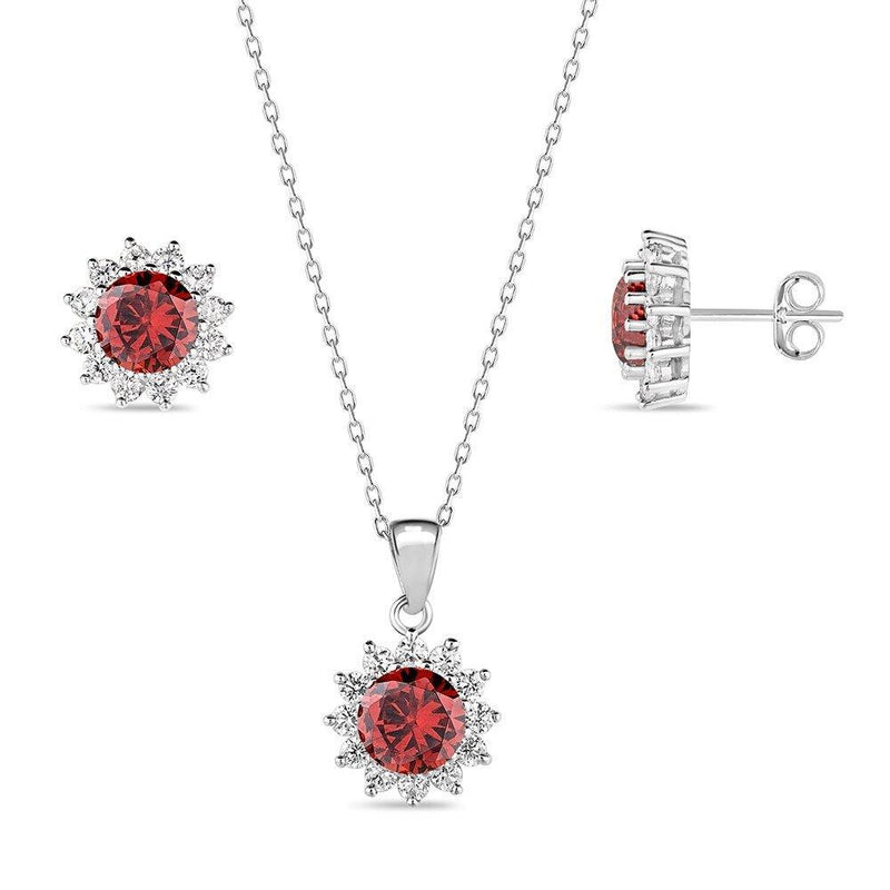 Sterling Silver July Ruby CZ Halo Pendant with Necklace and Earrings