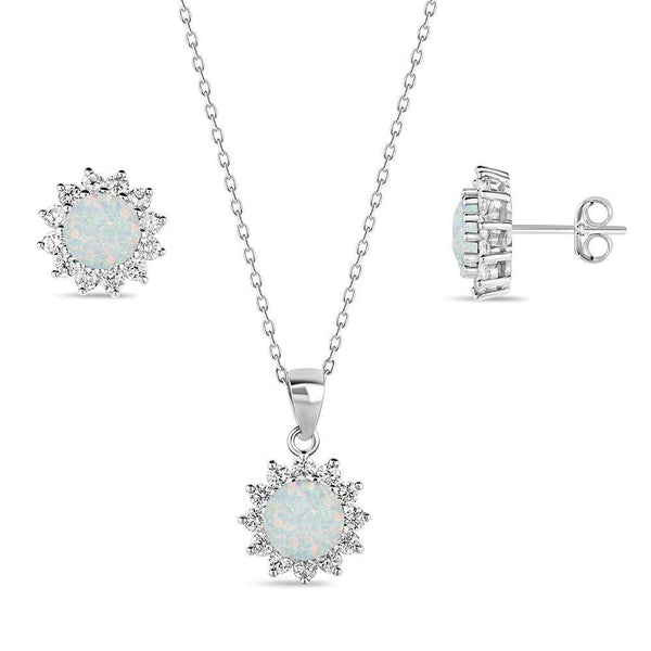 Sterling Silver October White Opal CZ Halo Pendant Necklace and Earrings