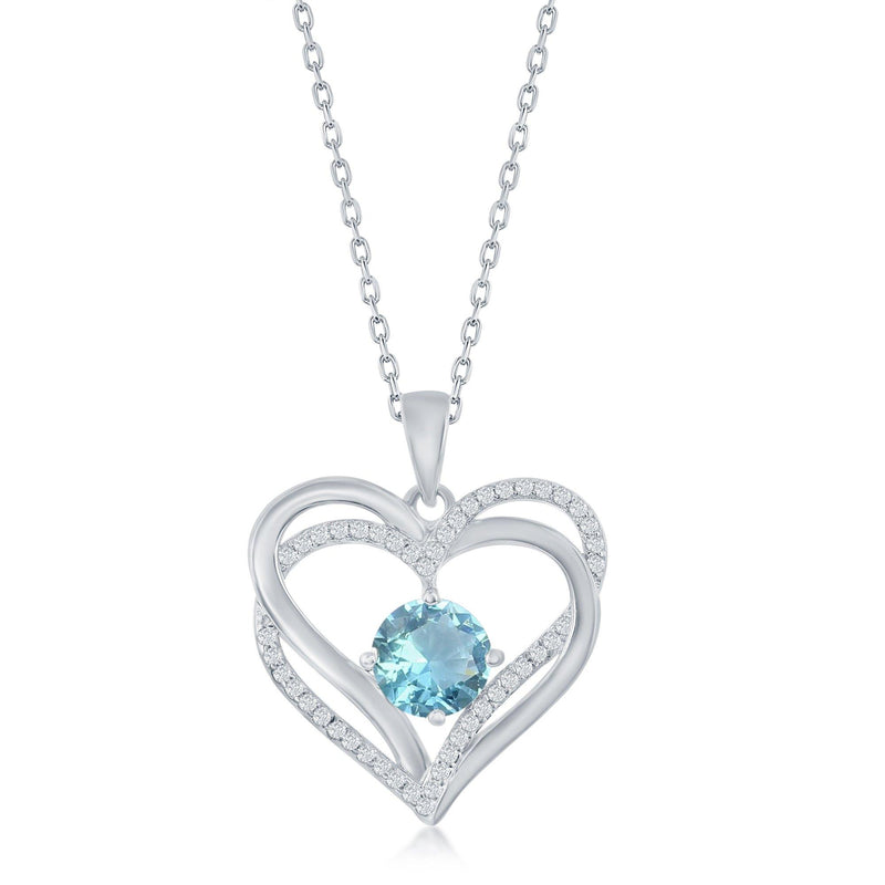 Double Heart Aqua Sterling Silver Necklace