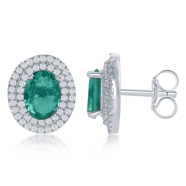 Sterling Silver Oval  Emerald with CZ Border Earrings