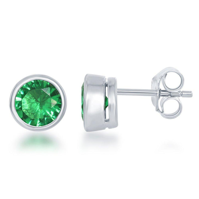 Sterling Silver "May" Emerald Bezel Set Stud Earrings