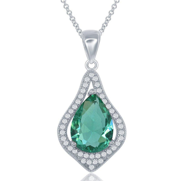 Large Tear Drop Emerald Pendant with Chain CZ