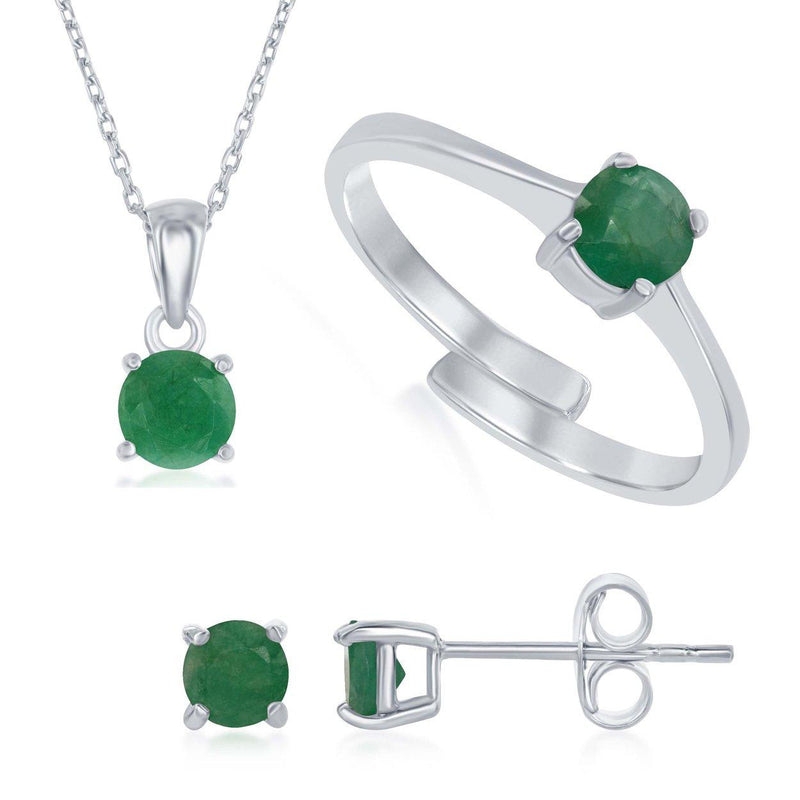 Emerald round Necklace, Earrings and Ring Set